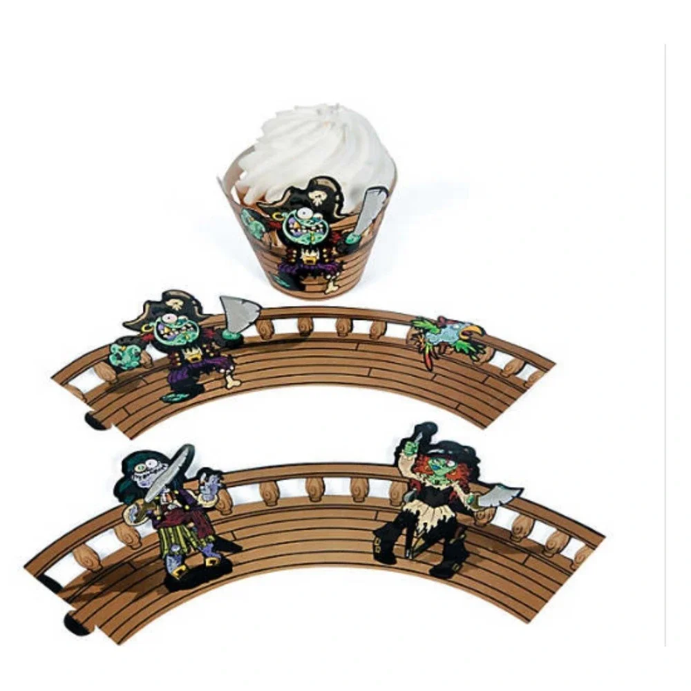 24 Pcs ZOMBIE PIRATE CUPCAKE WRAPPERS Collars Halloween Birthday Decorations
